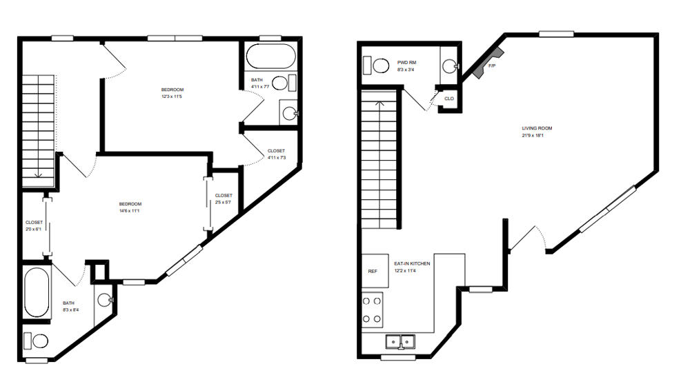2 bath 2 bedroom floor plan at Alon Apartments, Los Angeles, CA