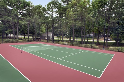A tennis court surrounded by trees.