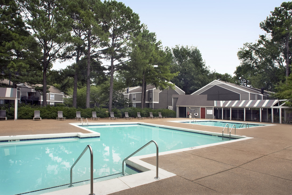 A swimming pool surrounded by trees and a building in the background.