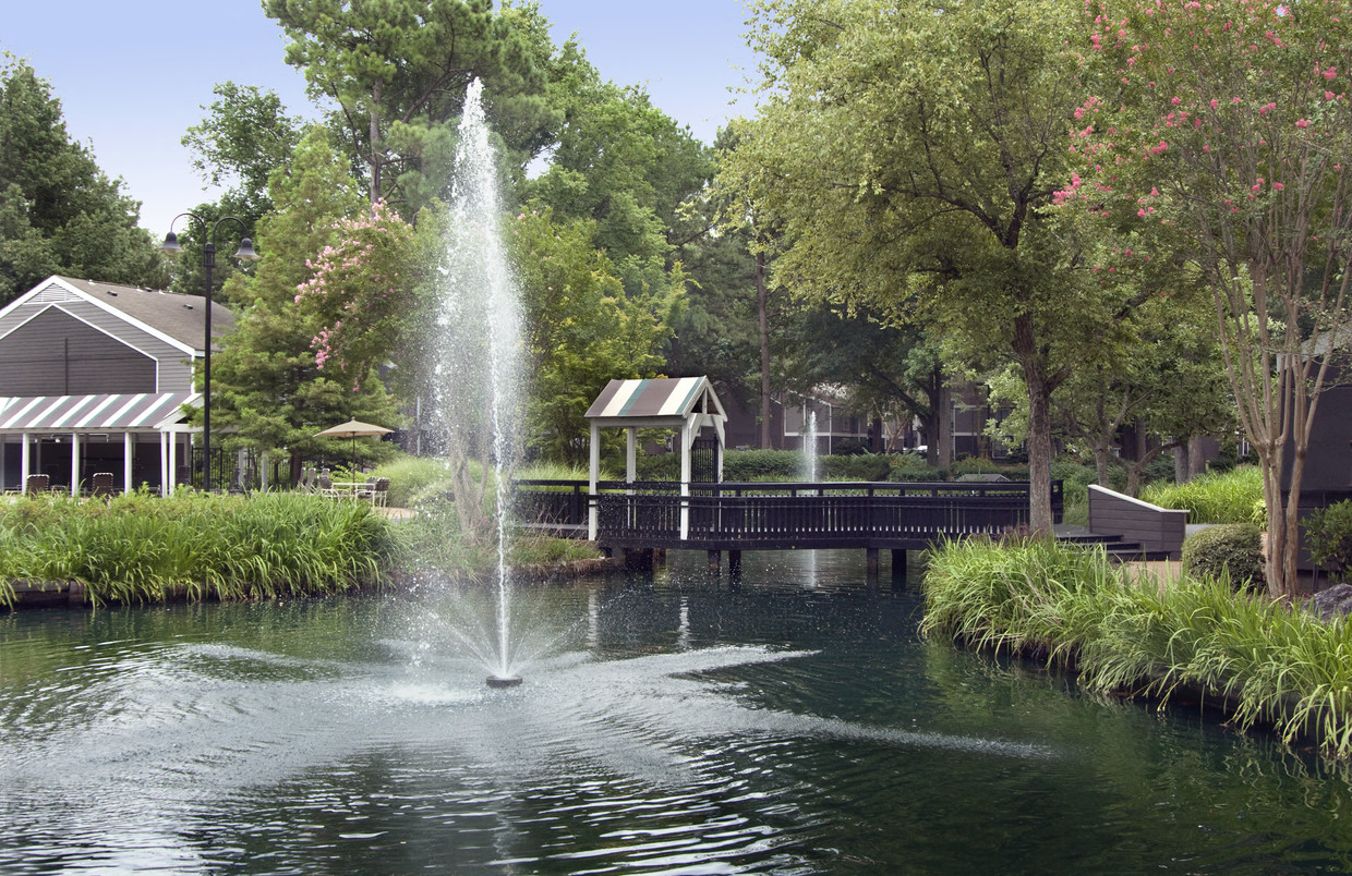 A fountain in the middle of a pond surrounded by greenery.