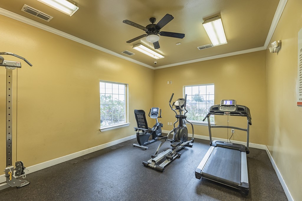 a gym with exercise equipment and a ceiling fan