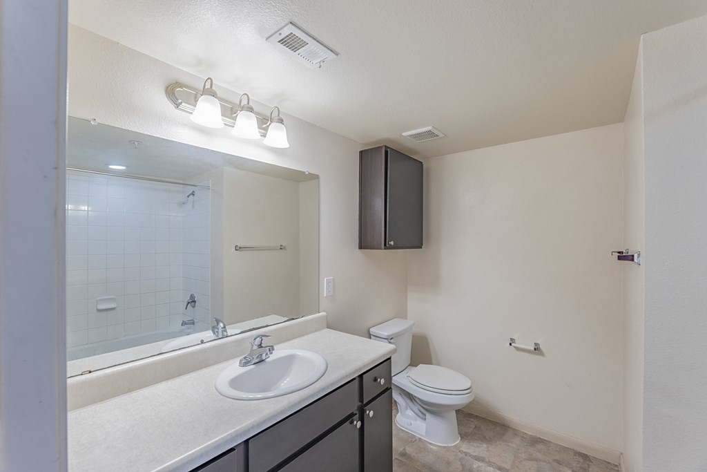the preserve at ballantyne commons apartment bathroom with toilet sink and mirror