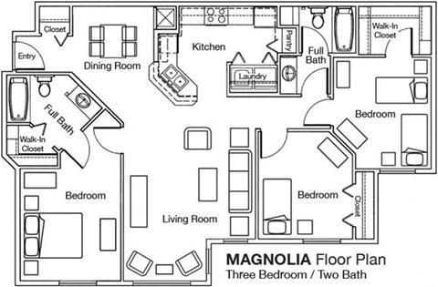 Three bedroom two bathroom floorplan