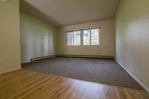 an empty living room with a wooden floor and a window