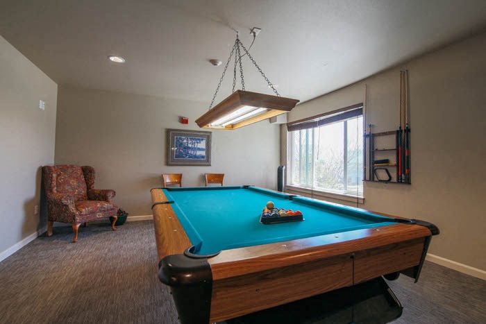 a games room with a pool table and a window