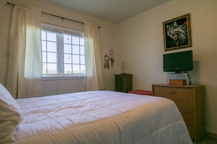 a bedroom with a bed and a television in it