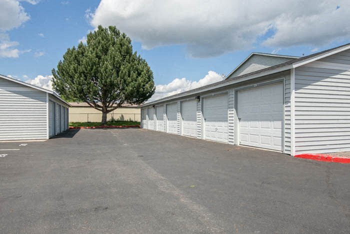 a row of garages on the side of a building