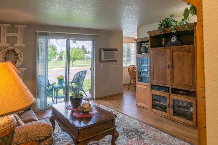 a living room with a couch and a table