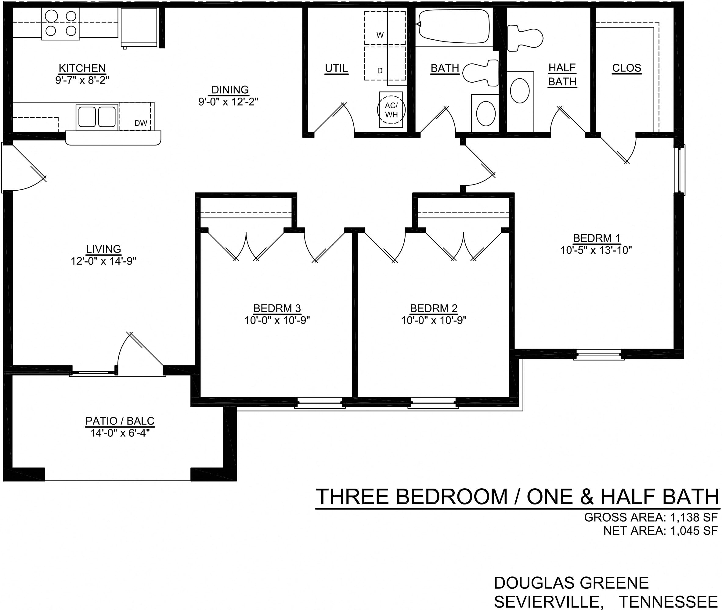 3 Bedroom 1.5 Bathroom Floor Plan