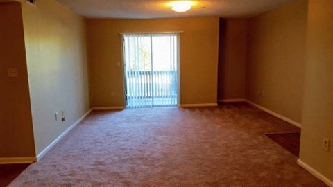A room with a carpeted floor and a window with blinds.