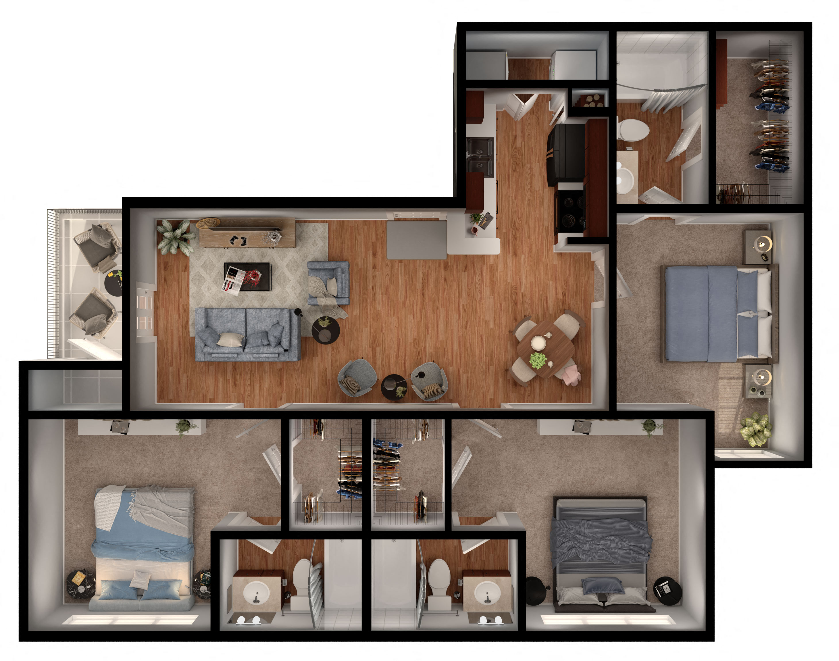 3 bed 2 bath Pembrook Floor Plan at Park Hudson Place Apartments, Texas, 77802