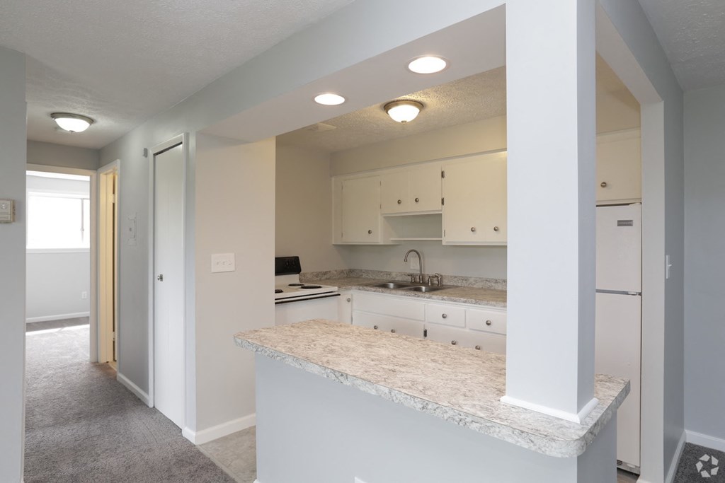 a kitchen with white cabinets and a marble counter top