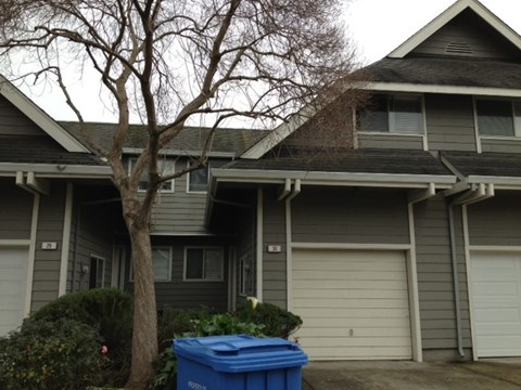 A blue container is in front of a grey house.