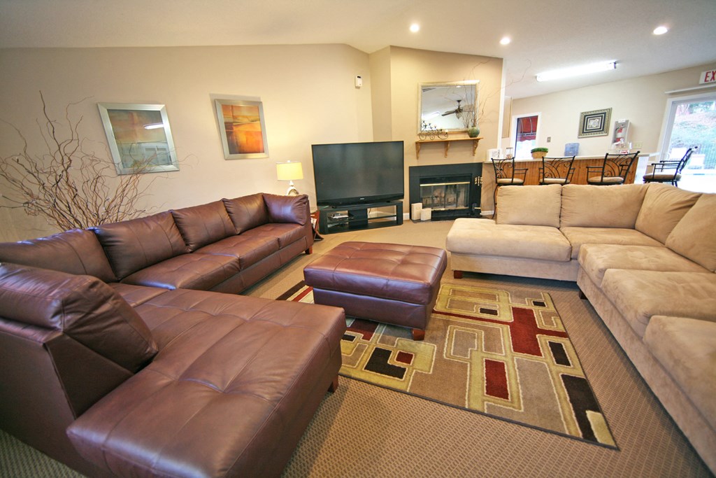 a living room with leather couches and a tv