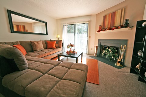 a living room with a couch and a fireplace