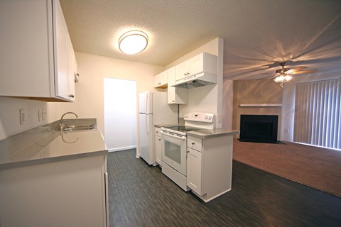 a view of a kitchen and living room with a fireplace