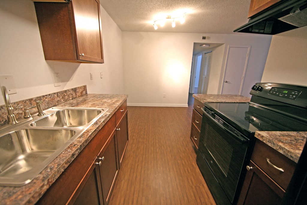 a kitchen with granite counter tops and a black stove and a sink