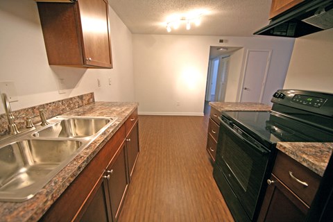 a kitchen with granite counter tops and a black stove and a sink