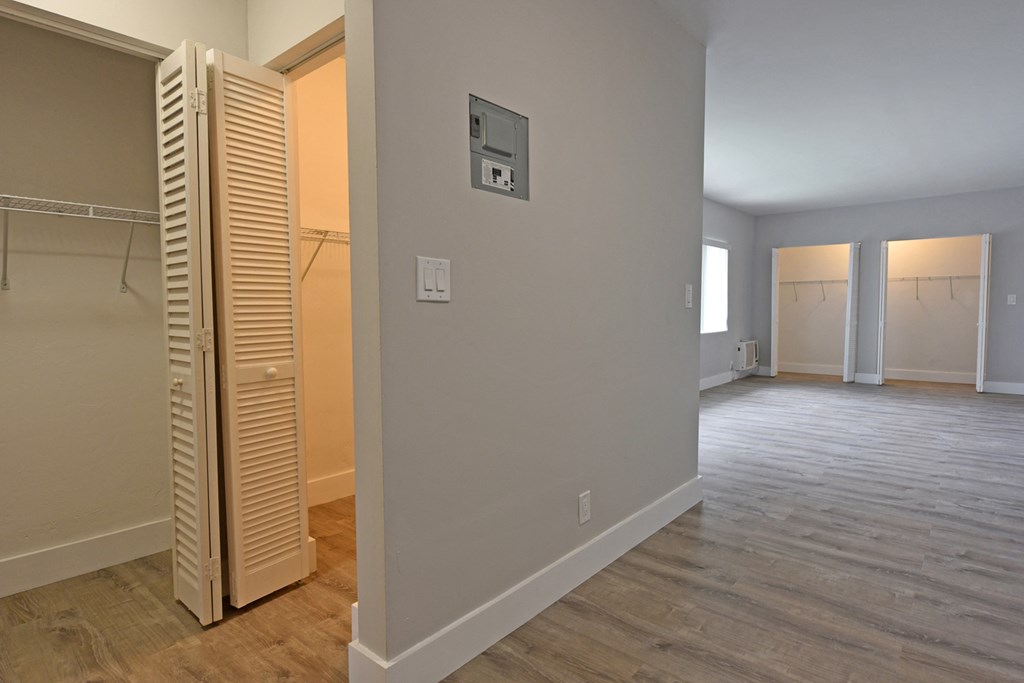 an empty room with an empty hallway and a closet