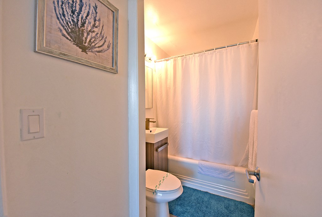 a bathroom with a white shower curtain and a toilet