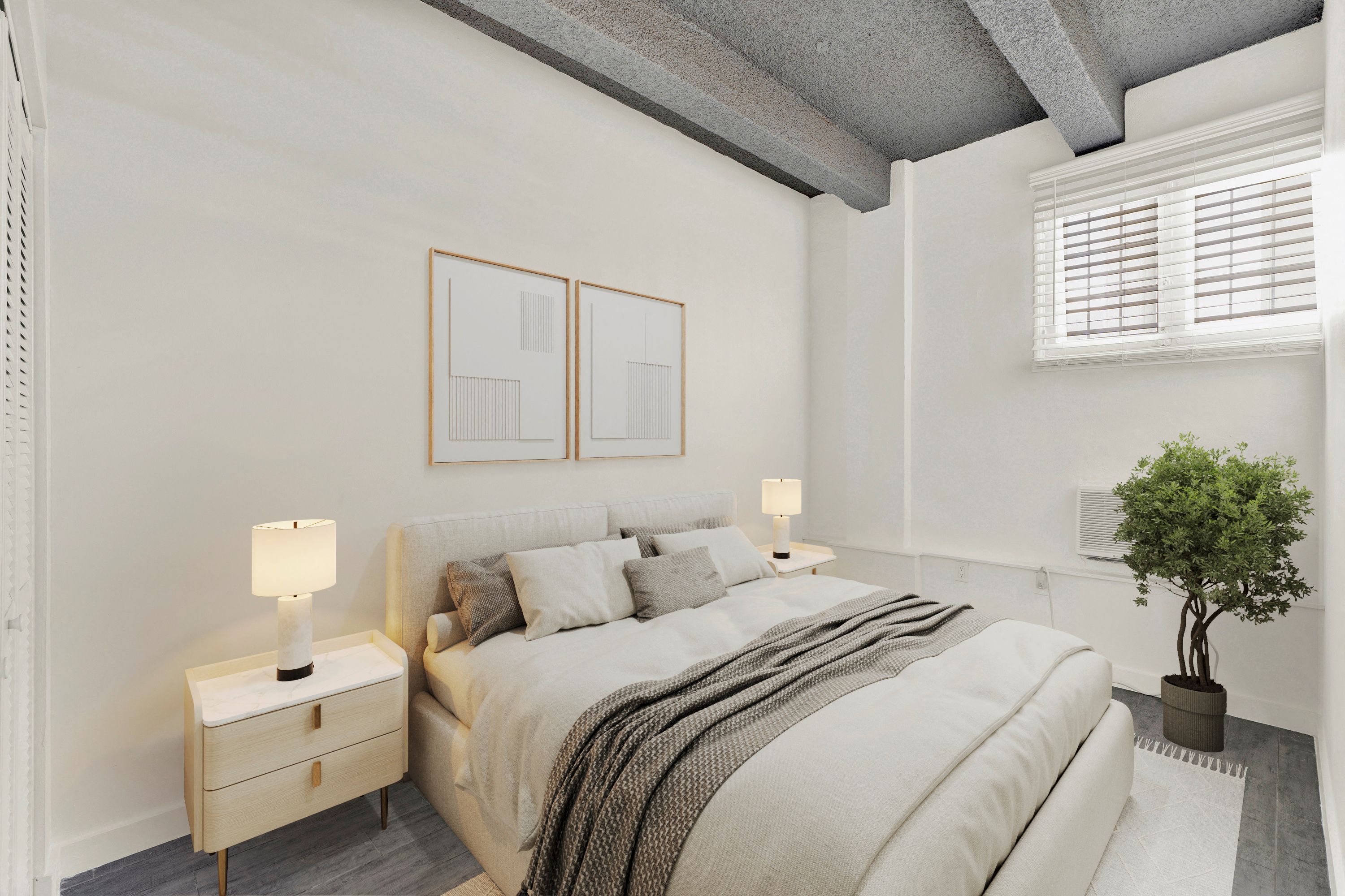 A bedroom with a large bed, a nightstand with a lamp, and a potted plant.