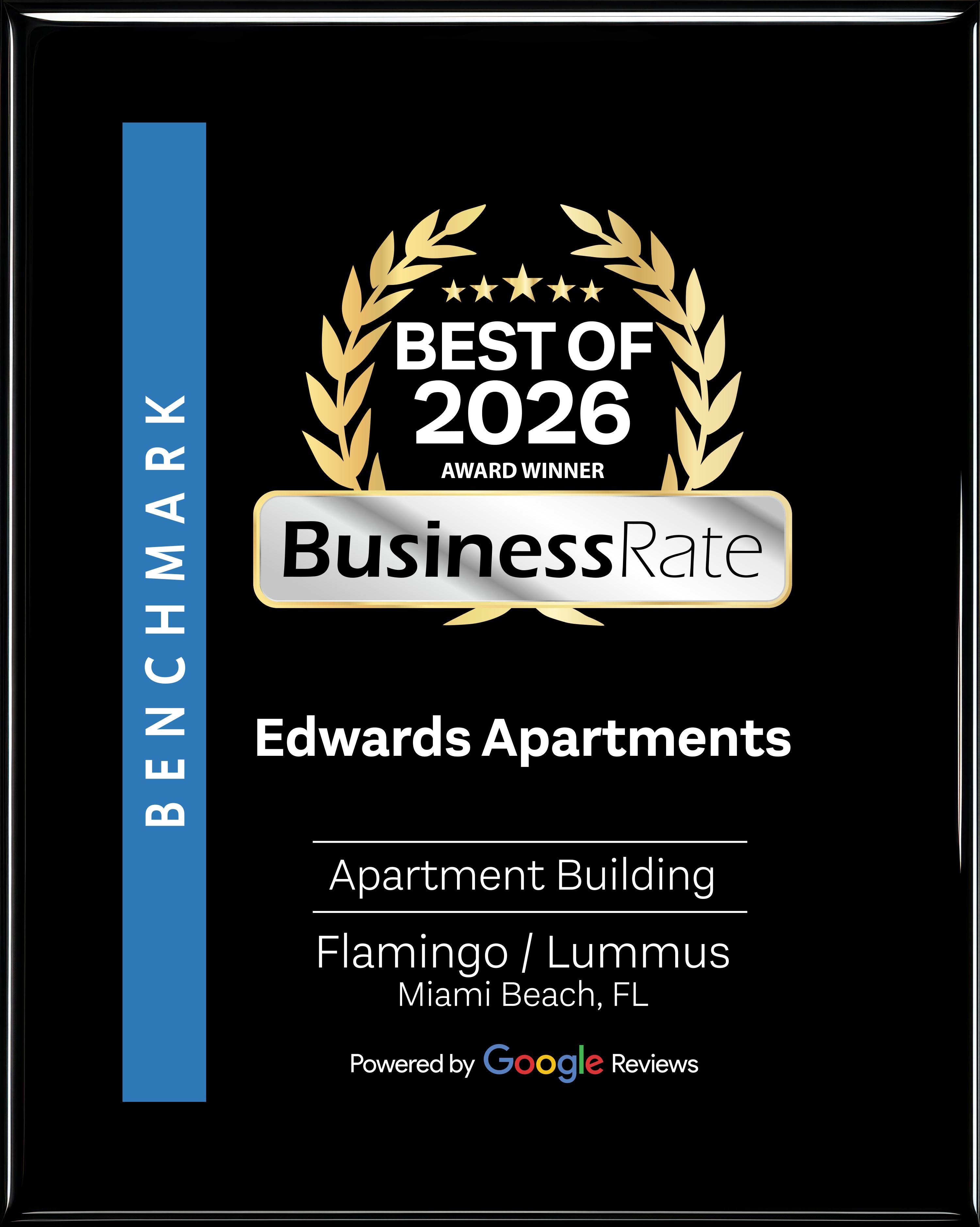 A black and gold award for Edwards Apartments.