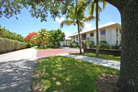 a house with palm trees and a road in front of it