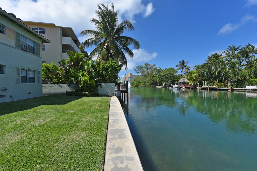 a lagoon between two houses with a palm tree