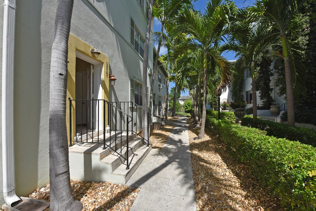 a sidewalk in front of a building with palm trees