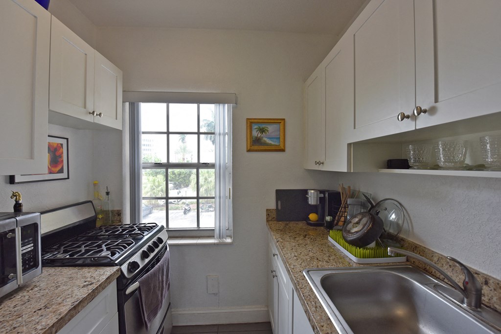 a kitchen with a sink and a stove and a window