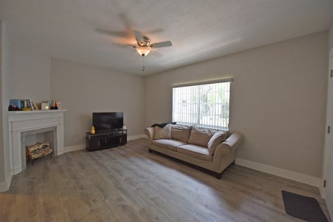 a living room with a couch and a ceiling fan