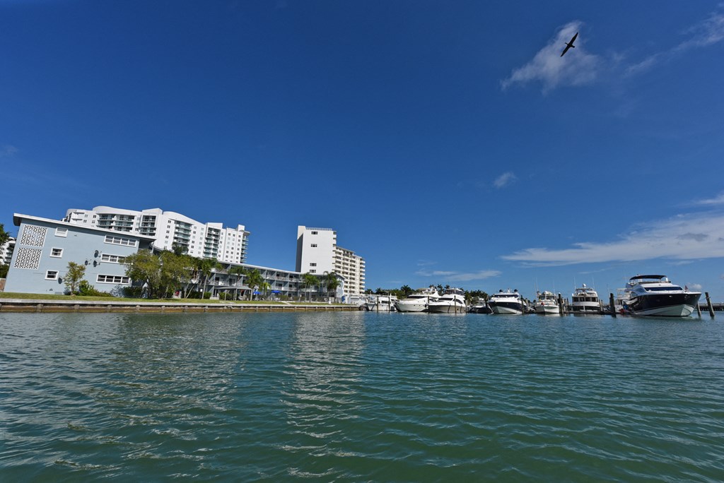 a view of a harbor with boats and buildings in the background
