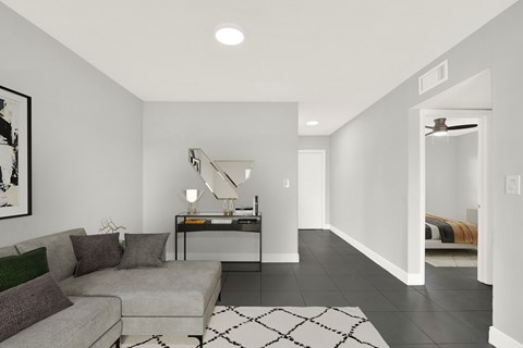 A living room with a grey couch and a black and white rug.