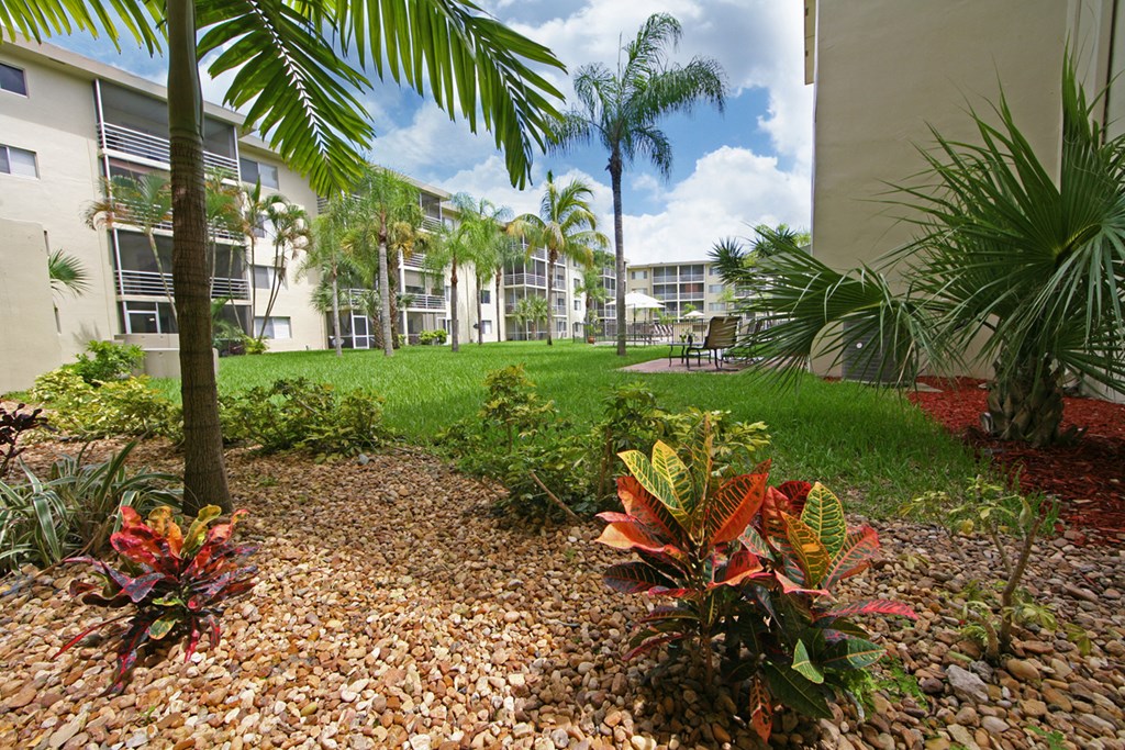 a garden outside a building with palm trees