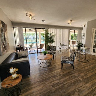 a living room with a couch and a table