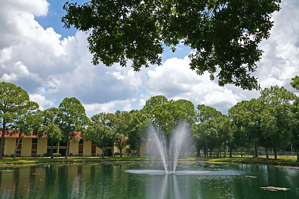 a fountain in the middle of a lake in a park
