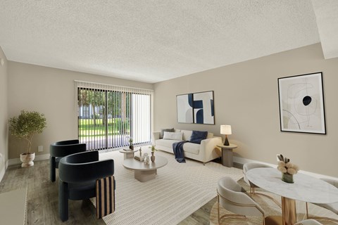 A living room with a white couch, a coffee table, and a painting on the wall.