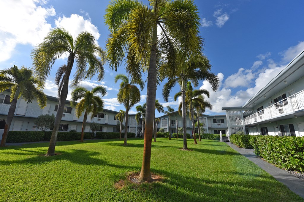 a row of palm trees in the grass outside of an apartment building