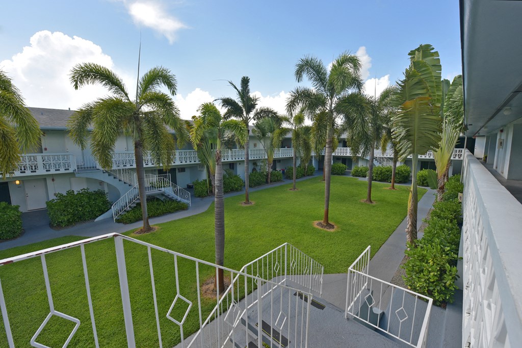 a view of the courtyard of a hotel with palm trees