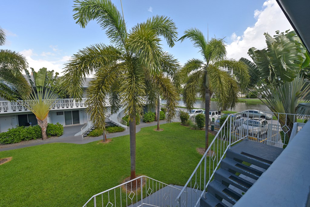 a view of the courtyard of a hotel with palm trees