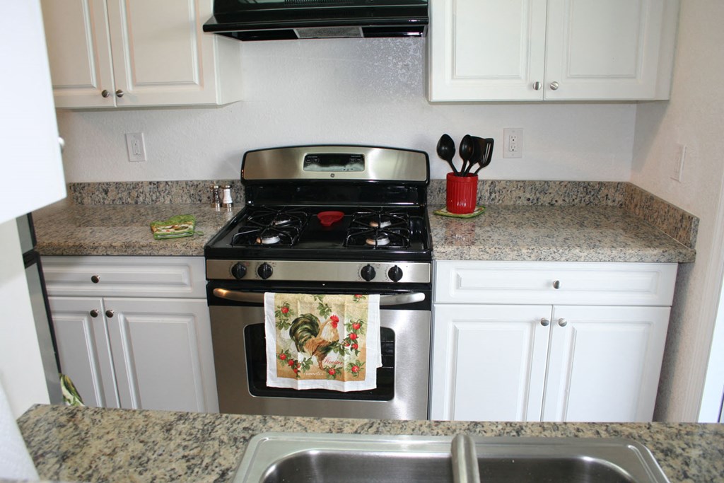 a kitchen with a stove and a sink
