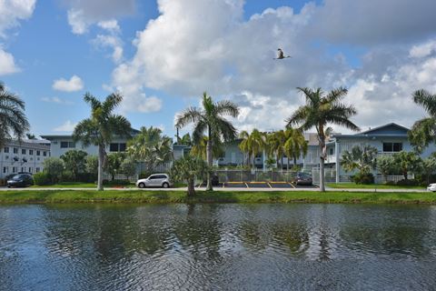 a bird flies over a body of water in front of palm trees