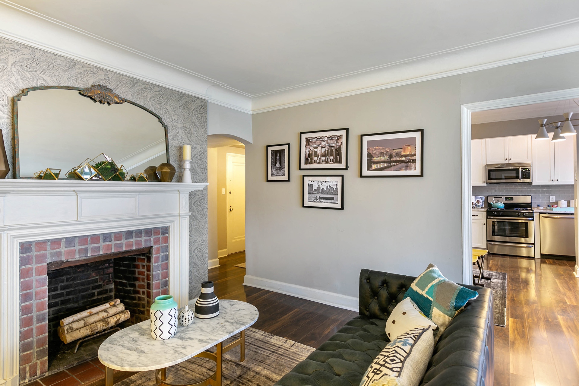 Alden Park living room with fireplace.