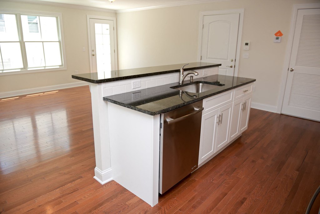 an empty kitchen with a counter top and a dishwasher