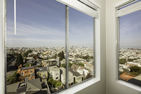 Two windows looking out at a cityscape.