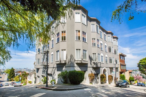 A large grey building with a curved corner and a tree in front of it.