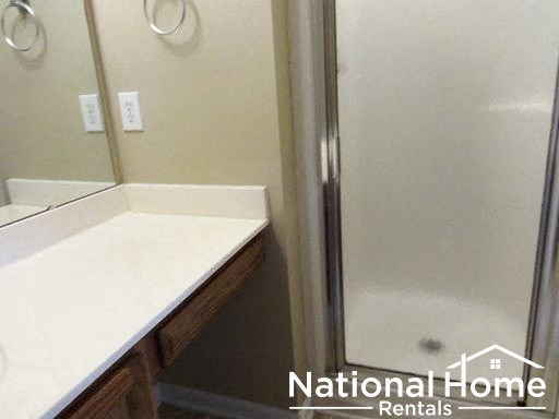 a bathroom with a sink and a shower