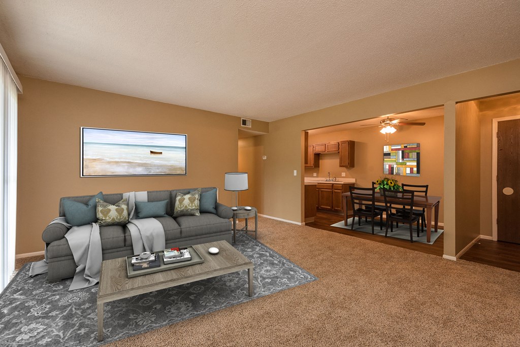 a living room with a couch and a coffee table