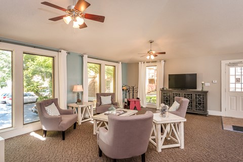 a living room with couches and chairs and a tv