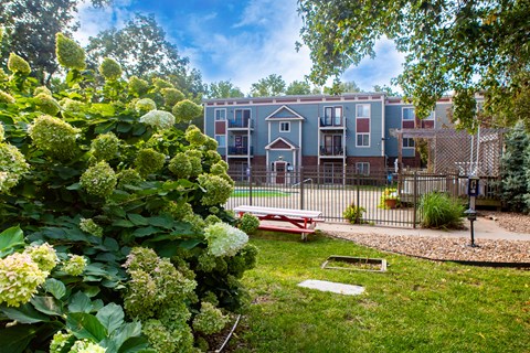 a backyard with a picnic table and a bench